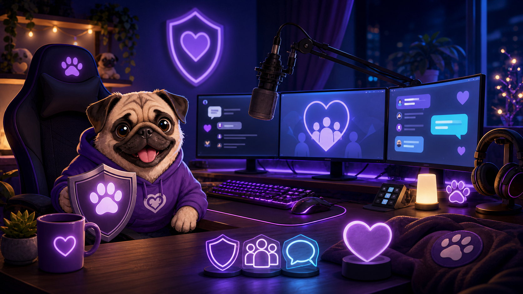 Newsbild zur Moderatoren-Suche der Mopsbande mit Mops-Maskottchen am Streaming-Setup